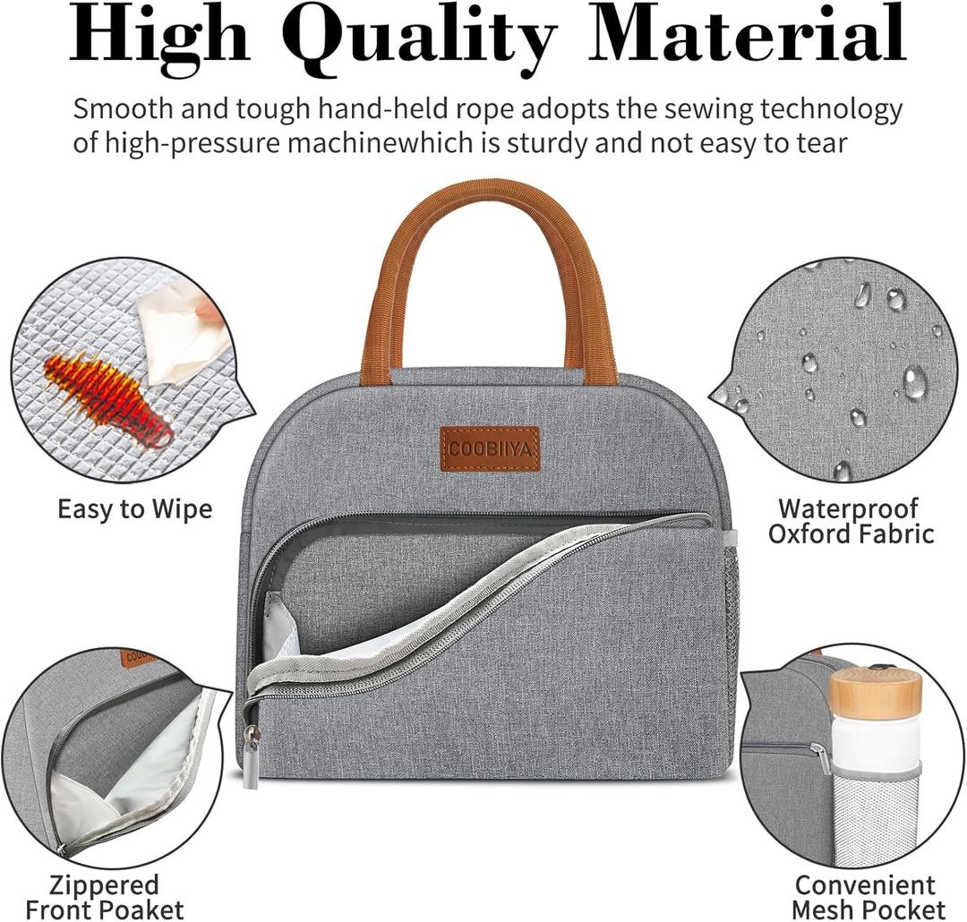 Coobiiya Lunch Bag Lunch Box for Women Men, Small Leakproof Cute Lunch Tote Large Capacity Reusable Insulated Cooler Lunch Container for Work/Office/Picnic/Beach-Grey