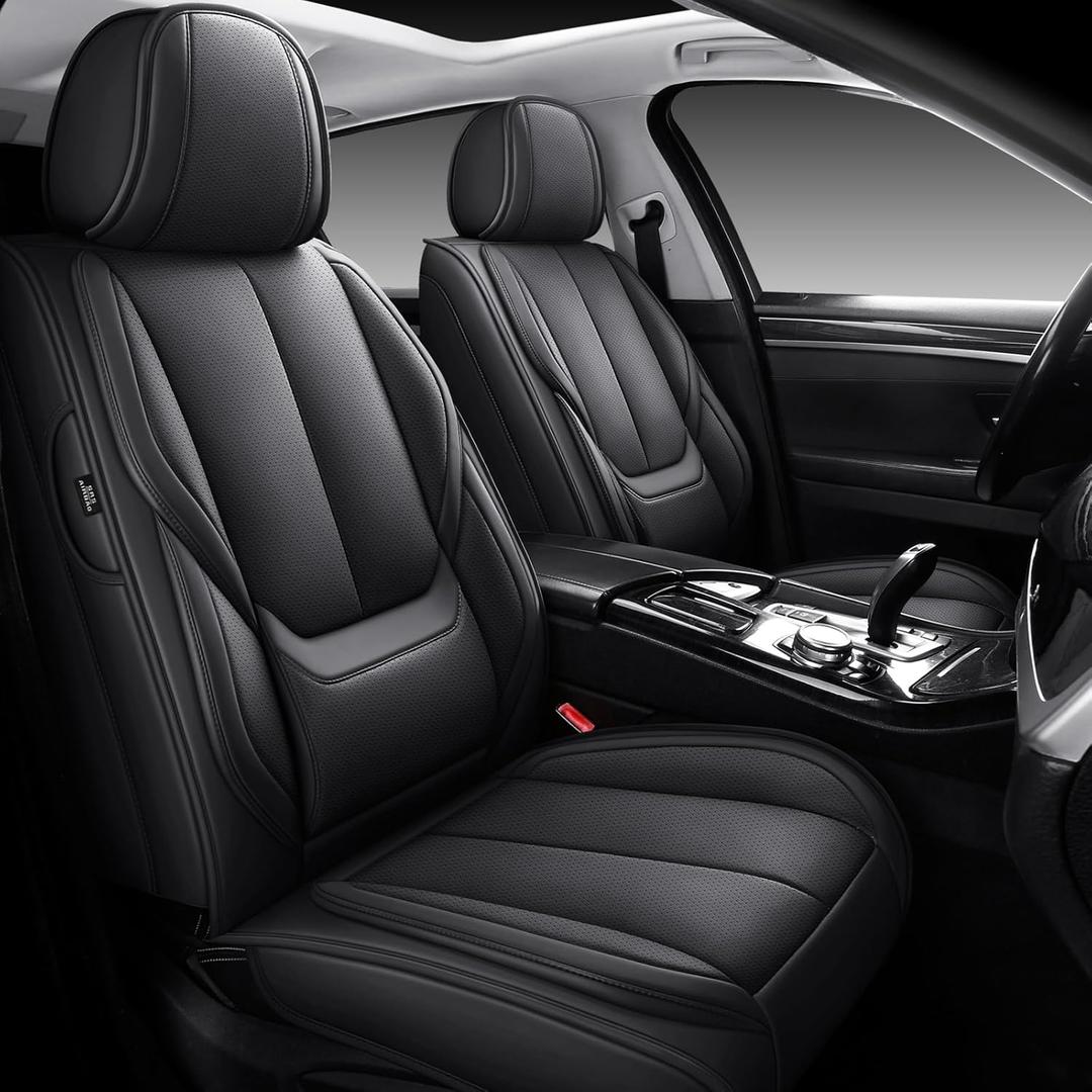 MINGBRON Black Car Seat Cover with Lumbar Support, Car Seat Protector Waterproof, Nappa Leather Car Seat Cushion, Car Seat Covers Front Seats and Back Fit for Most Cars