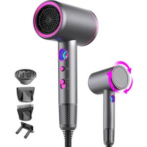 Ionic Hair Dryer, Arhhn Powerful 1875W 110,000 RPM Professional Hair Dryer with Diffuser, Lightweigh Low Noise Blow Dryer for Fast Drying, Lightweight Hairdryer for Home,Travel,Gifts, Hair Styling (Gray/Pink)