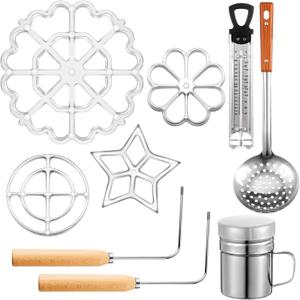 9 Pcs Rosettes Cooking Set Bunuelos Mold with Handle Rosette Iron Mold Mini Waffle Maker Baking Kit Funnel Cake Maker Achappam Mold with Traditional Waffle Iron for Chef Cooking Housewares Gift