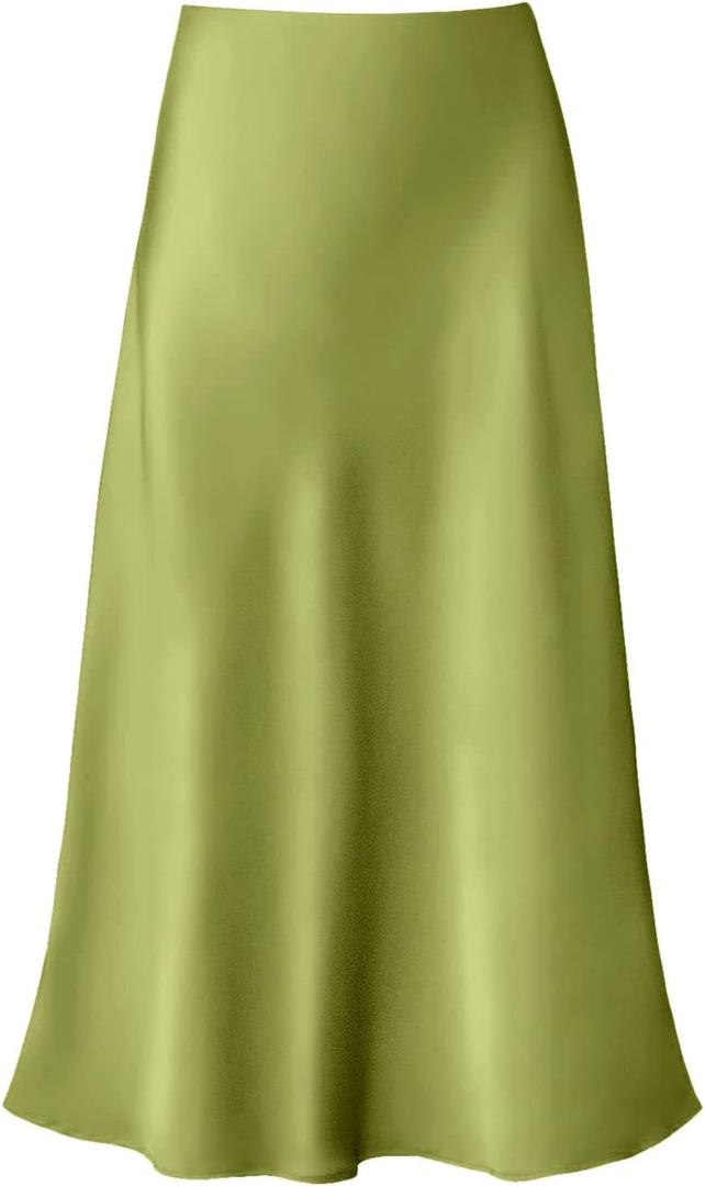 Modegal Women's Satin High Waist Hidden Elasticized Waistband Flared Casual A Line Midi Skirt