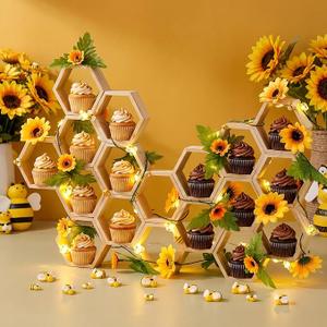 Gerrii 18 Pcs Mini Honeycomb Cupcake Stands Wooden Hexagon Cake Holders with 30 Bees 2 Bee String Lights 2 Sunflower Vine Garlands for Baby Bee Gender Reveal Birthday Baby Shower Wedding Party Decor