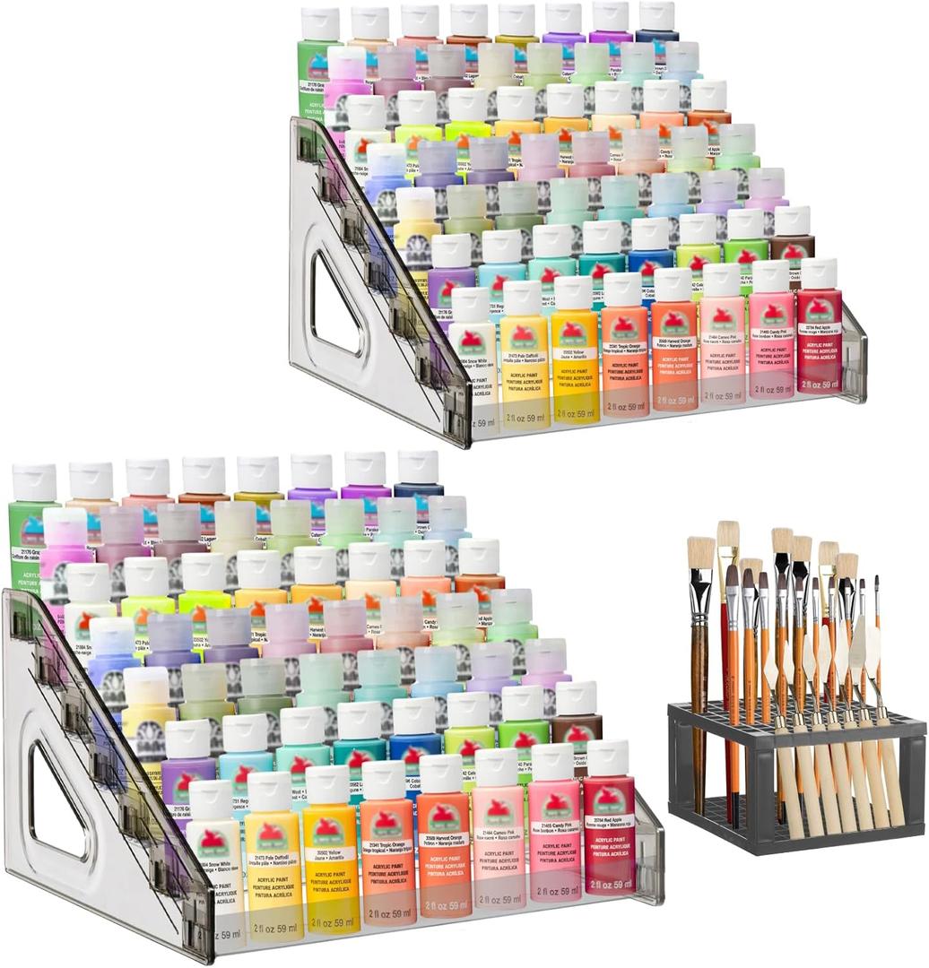 2 Pcs Clear Paint Organizer With Paint Brush Holder,7 Layers Acrylic Paint Organizer,Paint Storage Rack,Craft Paint Organizer Rack,Miniature Paint Holder for Paint Storage(Gray)
