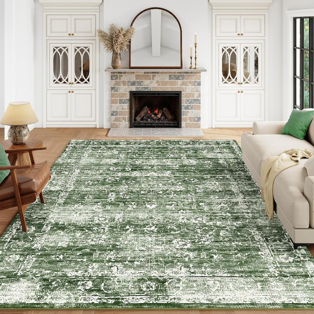 8x10 Green Washable Area Rugs for Living Room, Neutral Boho Carpet
