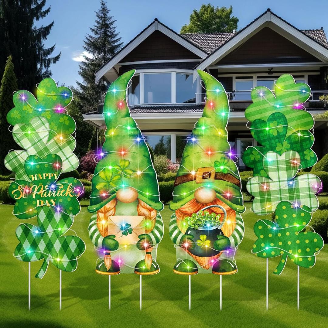 Bencailor 4 Set 4th of July Yard Signs LED 250th Anniversary Patriotic Outdoor Lawn Decor Waterproof USA Red White and Blue Yard Stakes for Independence Day(Green,St. Patrick's Day)