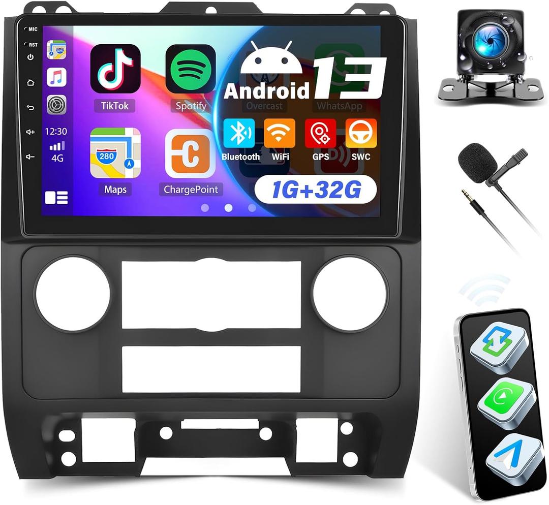 Android 13 Car Stereo for Ford Escape 2007-2012/Mazda Tribute 2007-2012 with Wireless CarPlay Android Auto,9" Touchscreen Car Radio with WiFi/GPS,Bluetooth,FM/RDS,SWC,Dual USB+Backup Camera