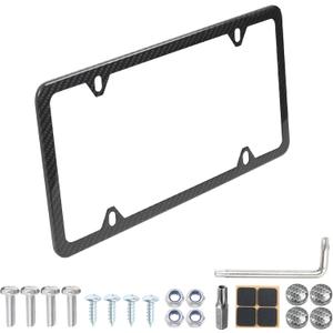 Real Carbon Fiber License Plate Frame Kit, Carbon Fiber License Plate Holder with Complete Accessories (Slim Edge & 4 Holes)