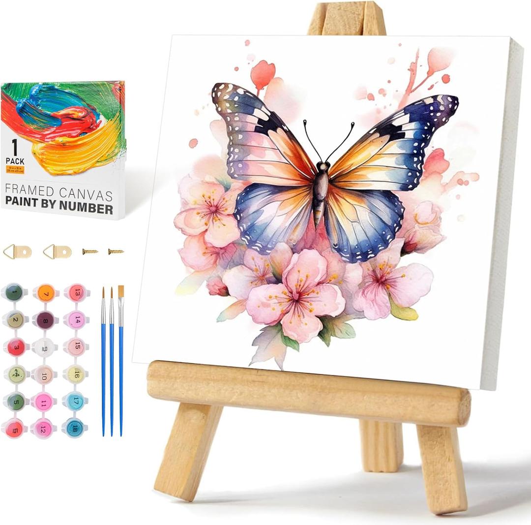 Framed Paint by Numbers Kit for Adults Beginners & Kids Ages 8-12, Butterfly Flowers Acrylic Easy Paint by Number with Frame, Paint by Number Kits on Canvas Framed (10 * 10 Inch, without Easel) (BOP1PF05)