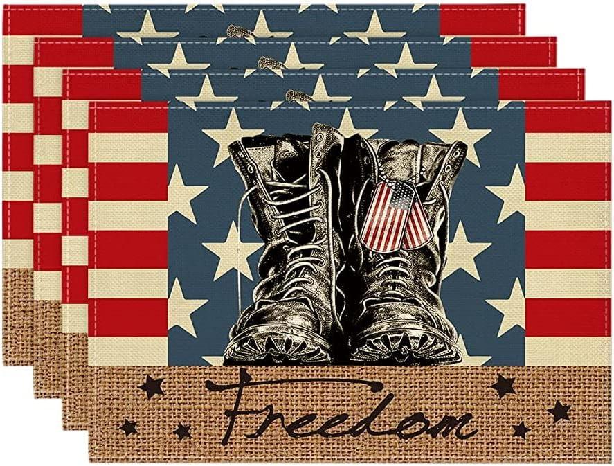 Artoid Mode Patriotic Stripes Stars Boots Freedom Placemats for Dining Table, 12 x 18 Inch 4th of July Memorial Day Decoration Washable Table Mats Set of 4