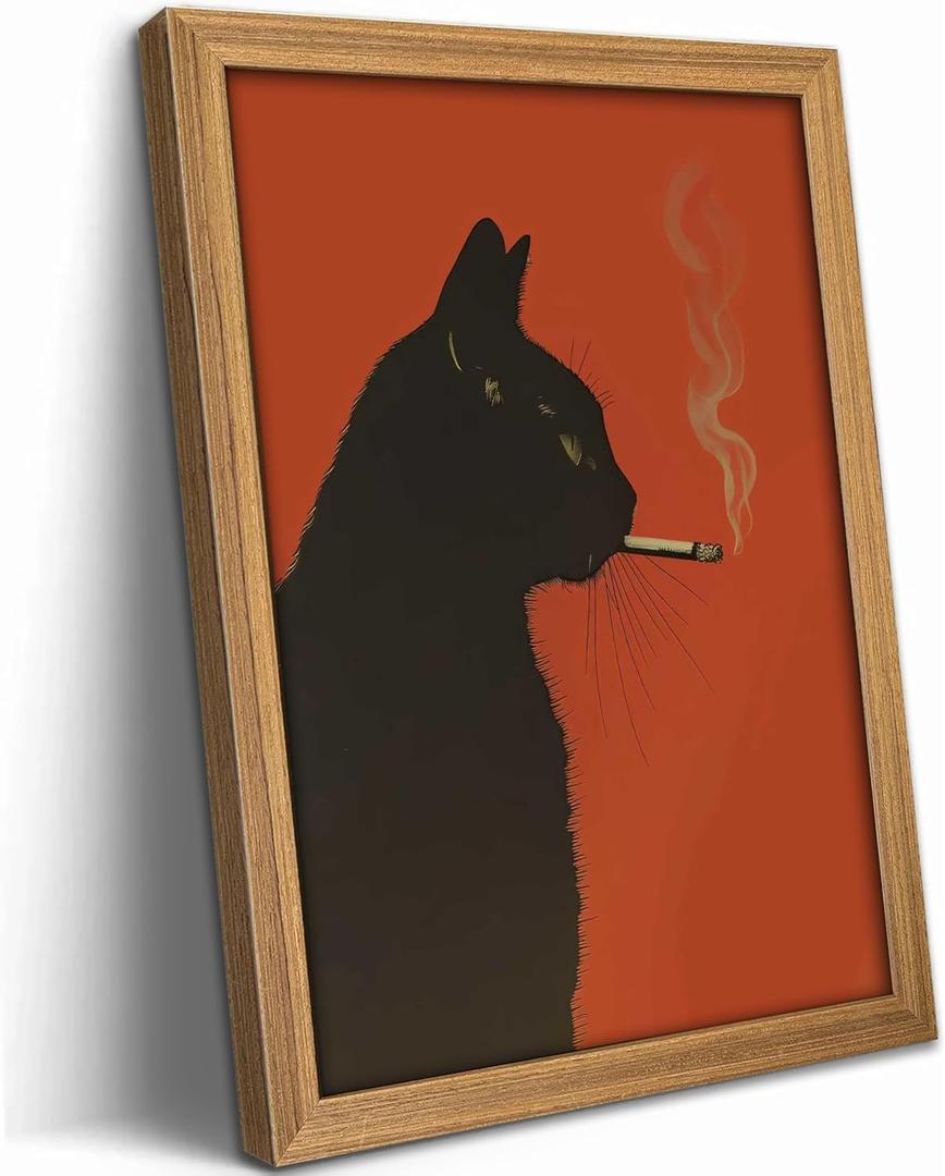 Wood Framed Vintage Black Cat Wall Art Funny Cat Smoking a Cigarette Picture Wall Decor Whimsical Animal Poster Bar Cart Painting Print Artwork for Bar Kitchen Living Room Decoration