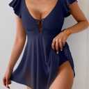 Women's One Piece Ruffle Swimsuit Sexy Mesh One Piece Swim Dress Tummy Control V Neck Swimwear (Blue)