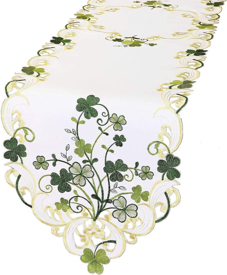 Simhomsen Embroidered Irish Clover St. Patricks Day Table Runner, Spring Shamrock Decorations (14 x 34 inches)