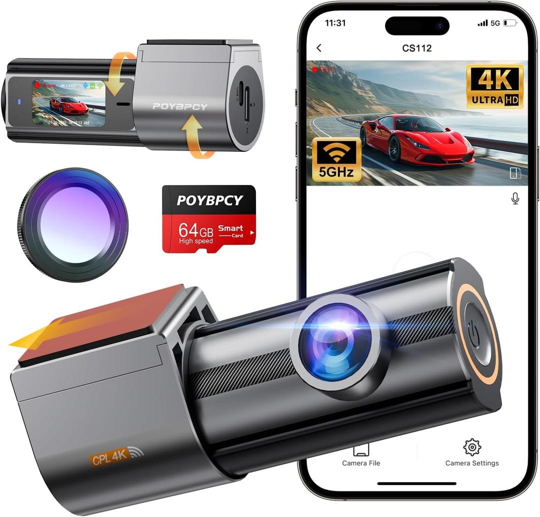 Dash Cam Front 4K, Built-in 5GHz WiFi with CPL, Car Camera Dashcam with UHD 2160P, 64GB Card, 24H Parking Monitor, Super Night Vision, WDR, G-Sensor, App Control, 170 Wide Angle, Support 256GB Max