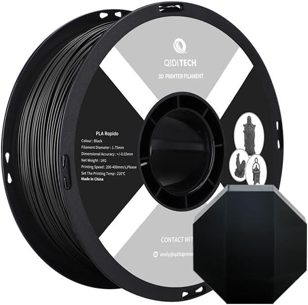 R QIDI TECHNOLOGY PLA Filament 1.75mm, 3D Printer Filament PLA Rapido, Suitable for High Speed Printing, 3D Printing Filament Fit Most FDM 3D Printers, 1 KG Spool (2.2lbs), Black