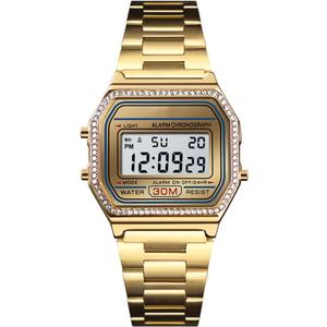 PASOY Men's Digital Gold Stainless Steel Watch Backlit Multifunction Stopwatch Waterproof Sport Watches