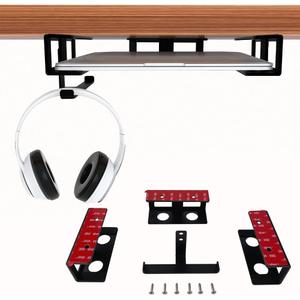 IFCASE Under Desk Laptop Mount & Headphone Holder with Adhesive & Screw, Hard Aluminum Under Table Desk Holder for Laptop, Mac mini, MacBook Pro (Black)
