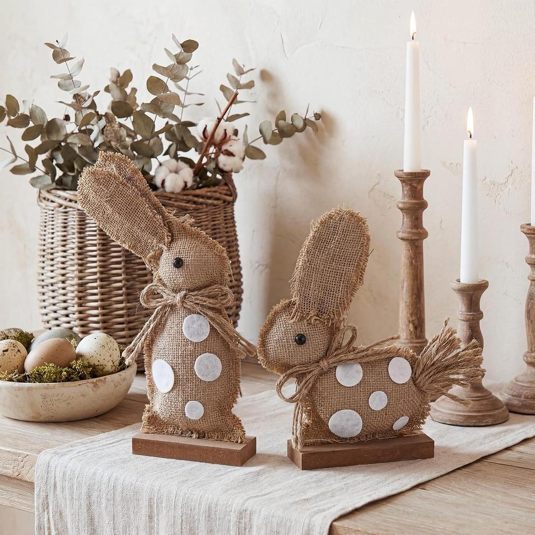 Leinuosen 2 Pcs Rustic Easter Bunny Decoration Easter Bunny Table Wooden Sign Farmhouse Spring Rabbit Centerpieces for Table Rustic Linen Polka Dot Rabbit Decor for Home Dining Room Office Tiered Tray