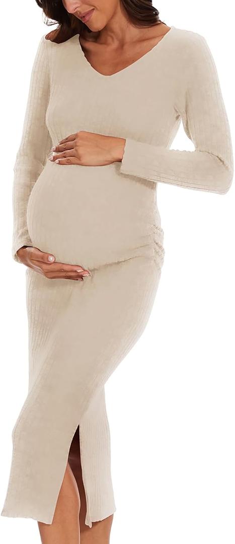 LAHILO Long Sleeve Maternity Sweater Dress for Fall Winter Baby Shower & Photoshoot - Women's Pregnancy Maternity Dresses, M