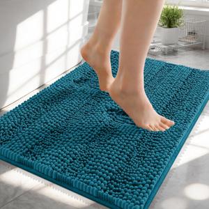 OLANLY Thick Small Bathroom Rugs 24x16, Extra Absorbent Chenille Striped Bath Rugs, Rubber Backing, Machine Wash, Bath Mats for Bathroom Floor, Tub and Shower, Home Decor Accessories, Peacock Blue