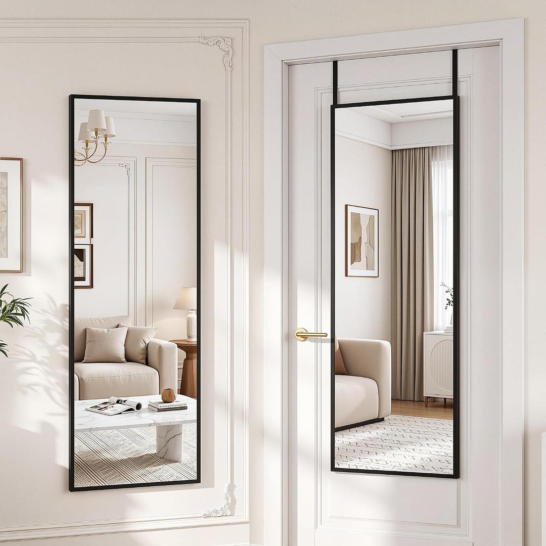 Suidia Full Length Mirror Over the Door&Wall Mounted, 48"x14" Door Mirror with Aluminum Alloy Frame, HD Shatterproof, No-Drill, Hanging Mirrors for Bedroom, Bathroom, Dorm, Closet, Rect, Black