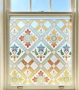 Coavas Stained Glass Window Film Decorative Privacy Cling for Home Bathroom & Front Door, 3D Floral Design, UV Blocking, Heat Control, Non-Adhesive, Reusable, Yellow, 23.6" x 35.4"