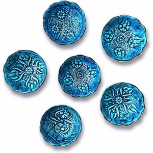 Handmade Decorative Turkish Ceramic Bowl Set of 4, Blue Pinch Bowls for Dipping&Serving - Small Versatile and Unique Charcuterie Accessories, Mini Sauce Dish, Floral Pattern Snack Bowls