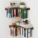 Floating Bookshelves for Wall Set of 2 - Corner Floating Shelves for Books, Rubberwood Wall Mount Bookshelf, Unique Wall Bookshelf with Elastic Strap,Hanging Bookshelves for Wall-Walnut Color
