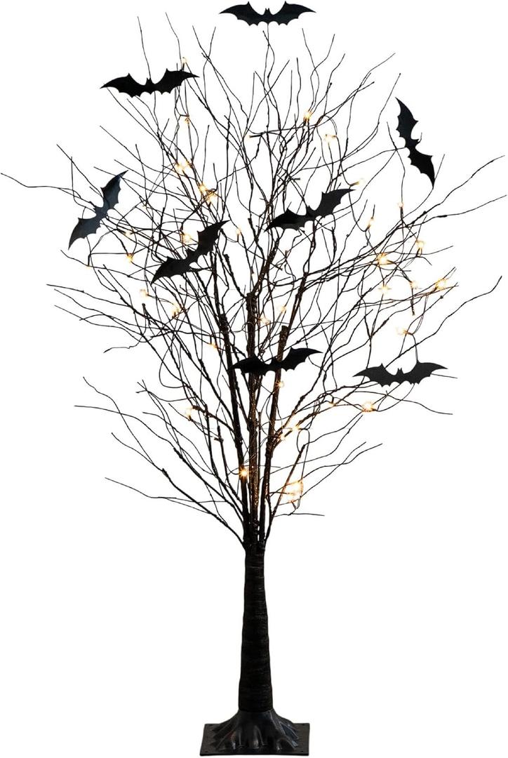 Nearly Natural 5ft Pre-Lit Black Twig Halloween Tree with Bat Decorations