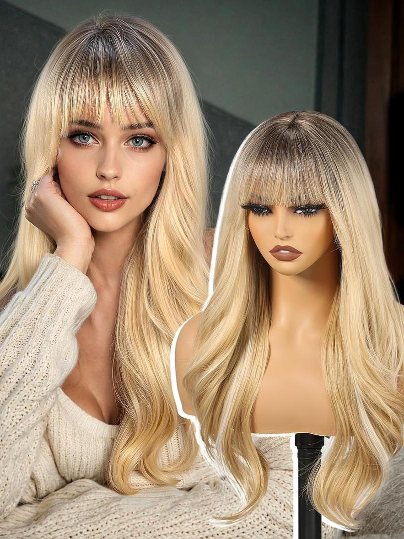 Ombre Blonde Wigs with Bangs,Blonde Layered Wig for Women,Long Wavy Wigs Synthetic Hair Wig for Party Daily Use 26IN