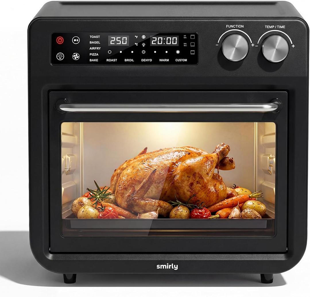 SMIRLY Digital Air Fryer Toaster Oven Combo, 25L Convection Countertop Oven, 10-in-1 Multi-Function Fits 12" Pizza & 6 Slices of Toast, Stainless Steel, Black