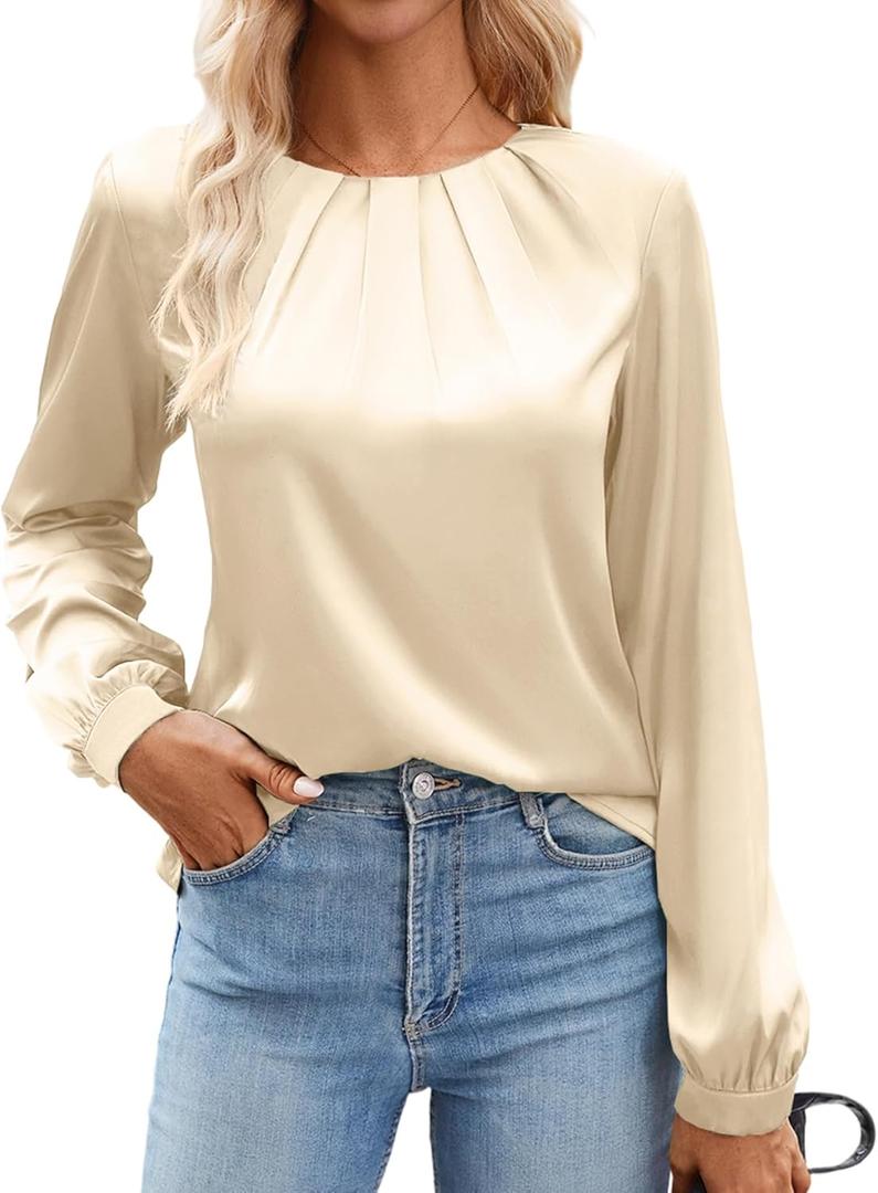 Bluetime Women's Silk Dressy Casual Business Blouse Pleated Long Sleeve Shirts Satin Office Work Tops Fall Outfits (L)