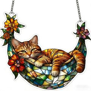 Cats Acrylic Suncatcher Ornament for Window Decor, Cat Lovers Gifts, 2D Wall Art Decor with Chain, Hammock Orange Tabby Cat, 7.87 in