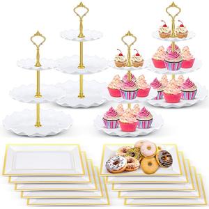 Willinglong 6Pcs Dessert Table Stands Tier Plastic Cupcake Stands Cookie Display Tower Gold Rim Dessert Serving Tray for Party Wedding Birthday Bridal Baby Shower (White and Gold)