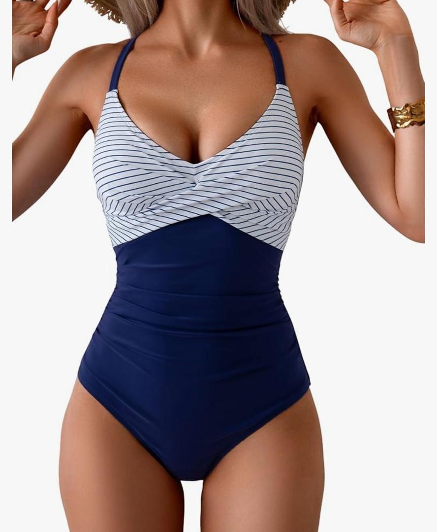 B2prity Women's One Piece Swimsuits Tummy Control Front Cross Bathing Suits Tie Back Slimming V Neck Swimwear, M