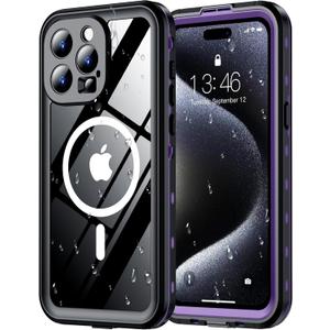 Red2Fire for iPhone 15 Pro Case Waterproof, [Built-in Screen Protector & Camera Protector][Compatible with MagSafe][Full Body Shockproof][IP68 Waterproof][Dustproof] Phone Case 6.1" Purple/Clear