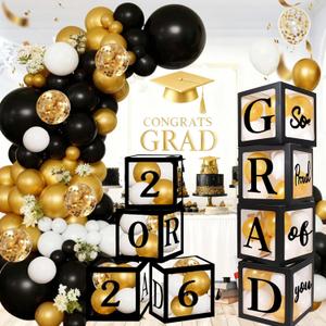 Graduation Decorations Class of 2026 Black and Gold - 4 Balloon Boxes with Letters 2026 GRAD So Proud of You, 100pcs Balloon Arch Garland Kit, High School College Grad Party Supplies Photo Prop