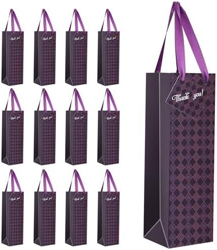 BINWISH Wine Bags, 5 Packs, Strong Card Paper Wine Gift Bag with Ribbon Handles and Thank You Card, 4-3/8x 4 x 14" Fit 750ml Wine Bottle or Champagnes - Purple