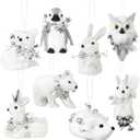8 Pack Sisal Woodland Friends Animals White Mini Winter Christmas Tree Hanging Ornaments Set Natural Sisal Straw Figurines Rustic Forest Hanging Accessory Decor for Winter Fairyland Decor