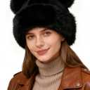 Women's Winter Faux Fur Hat - Warm Furry Beanie with Pom Pom Fisherman Cap Casual Trendy Mongolian Hat Skiing Cap (Black)
