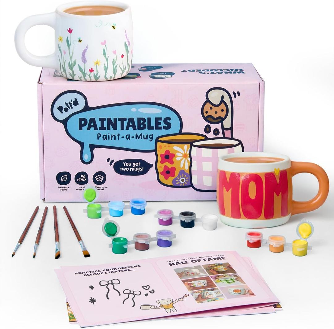 Pott'd Paintables Paint Your Own Mug Kit - DIY Mug Painting Kit for Adults. Ceramic Painting Kit for Adults Includes Mugs, Paints, Brushes, Cloth and Painting Inspiration Guide