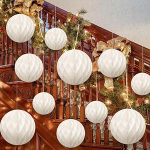 12 Pcs Large Paper Honeycomb Christmas Ornaments 10" 8" 6" Ivory Neutral Christmas Ceiling Ornaments Jumbo 3D Hanging Balls Assorted Size Brown Xmas Stairs Decor for Home Tree Indoor Party