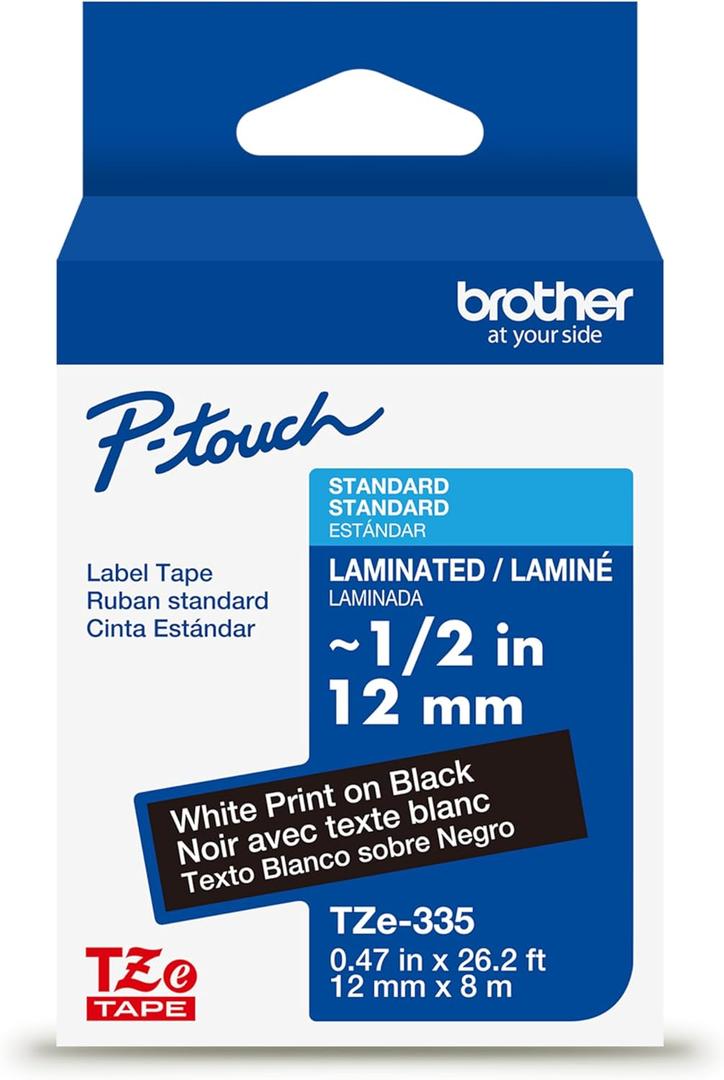 Brother Genuine PTouch TZe White Print on Black Label Tape (TZe335), Laminated,1/2in x 26.2ft (12mm x 8m), for Select PTouch Label Makers, Durable, WaterResistant, Indoor/Outdoor Use