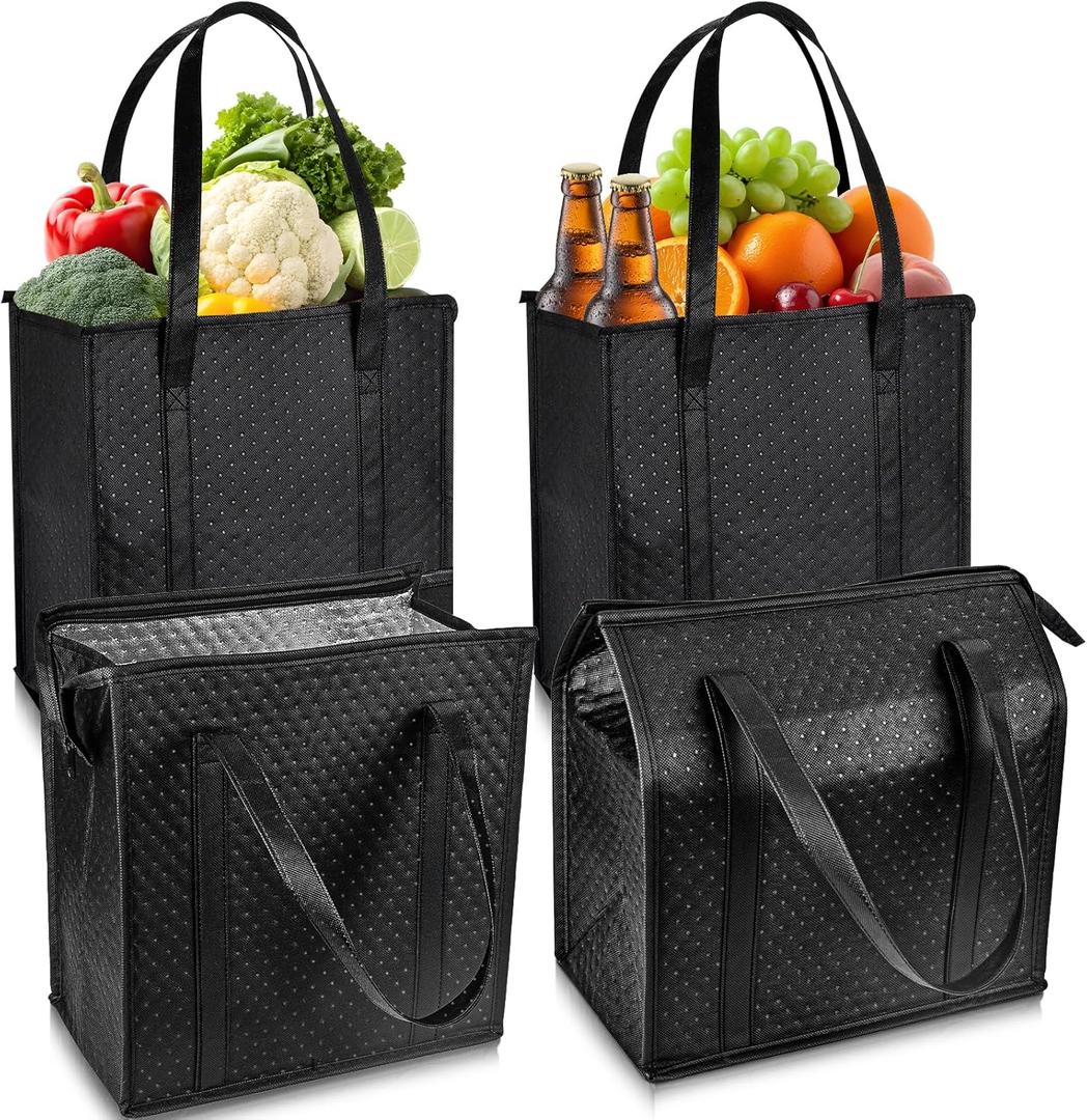 Insulated Grocery Bags, Reusable Insulated Bag, Portable Cooler Bags for Shopping Food Travel Beach Camping (4 Pack Black)