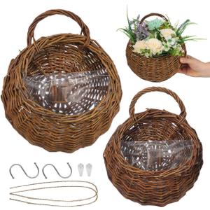 Yardwe 2Pcs Woven Wall Hanging Flower Baskets, Rattan Hanging Planters for Indoor Plants, Rustic Wall Decor Storage Containers, 12.20 X 10.62 X 4.72 Inches