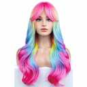 BERON Rainbow Ombre Wigs Long Wavy Wig for Women with Bangs Colorful Ombre Costume Curly Heat Resistant Synthetic Hair Wigs for Cosplay or Daily