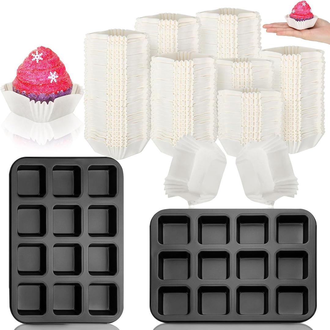 Lallisa Baking Pans with Cupcake Liners Sets 2 Pcs All Edges Brownie Pans and 500 Pcs White Cupcake Liners 12 Mini Cavity Non Stick Baking Carbon Steel Muffin Mold for Cup Cakes(Square)