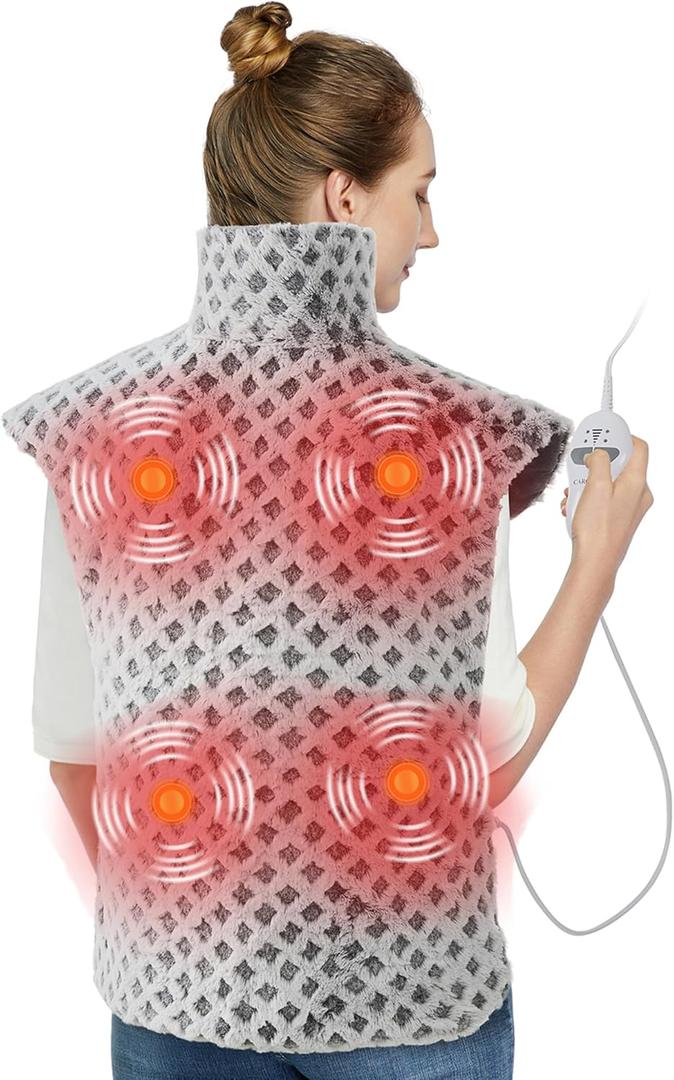 CAROMIO 4 Massaging Heating Pad for Back Pain Relief, Neck and Shoulders Electric Heating Pads Large Size, Full Body Back Heat Mat with Auto Shut Off, 3 Heat Levels & 3 Massage Modes (Grey, 35"x24")