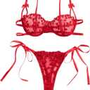 Lilosy Sexy Tie Side Cute Underwire Push Up Strappy Embroidered Mesh Sheer Lingerie Set (3X-Small, Bow Black)