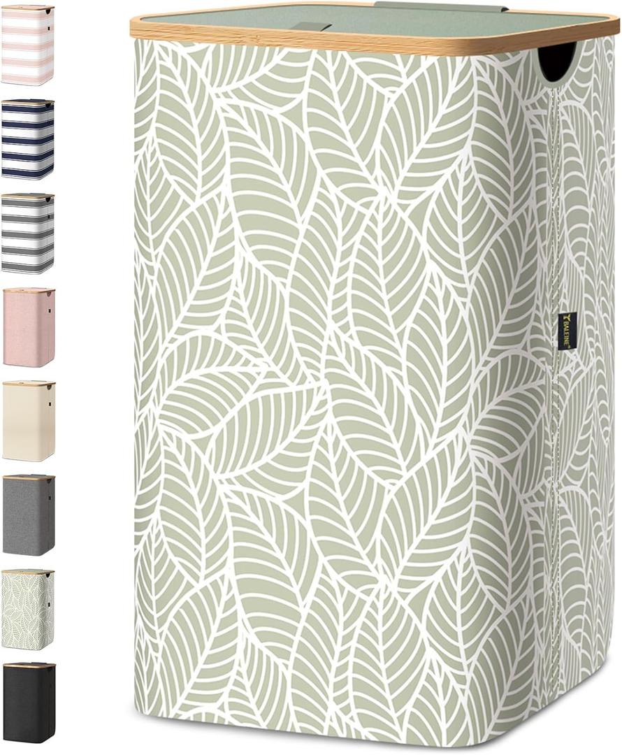BALEINE Laundry Hamper with Lid, Tall Laundry Baskets with Bamboo Pull Handles, Large Laundry Bin with Internal Support (18 Gal/70L, Antique Foliage)