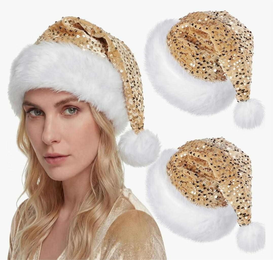 2 Pcs Sequin Santa Hat Glitter Christmas Hat Shiny Sequin Sparkle Bling Xmas Cap Adult Women Men Holiday Party